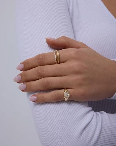 PAVOI 14K Gold Plated Signet Ring for Women - Pinky Ring with Round Cubic Zirconia - Dainty Lightweight Thin Statement Jewelry thumbnail 2