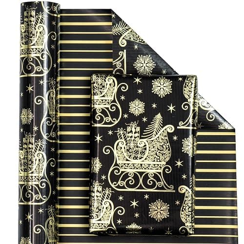 WRAPAHOLIC Reversible Black and Gold Christmas Wrapping Paper - Mini Roll - 17 Inch x 33 Feet - Black Gold Sleigh and Stripe Wrapping Paper with Metallic Foil Shine for Christmas, Holiday, Party thumbnail 2
