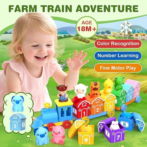 GooMags Montessori Learning Toy Toddler Animal Train Counting Barns Puppets | Montessori toy farm train set with 9 barns & 10 finger puppets for matching sorting, preschool gift for toddler boys girls thumbnail 2