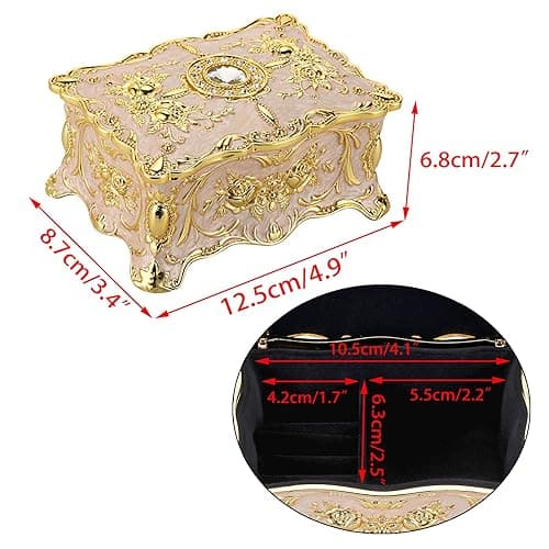 Hipiw Vintage Jewelry Organizer Box - Metal Trinket Storage Box Ornate Treasure Chest Box Jewelry Decorative box Keepsake Gift Box Case for Women,4.9"x3.4"x2.7" - M - Beige thumbnail 4