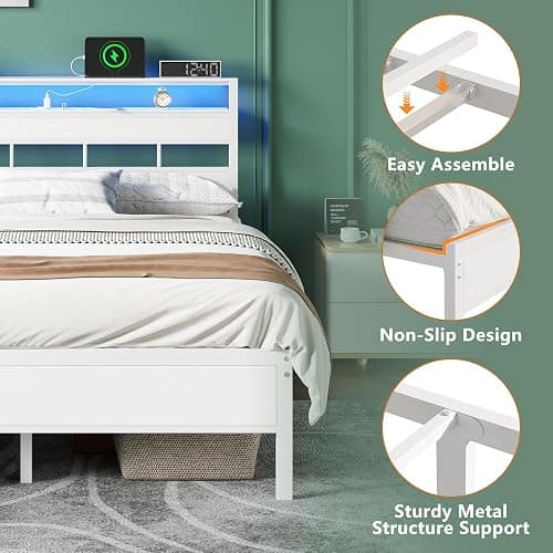 Furnulem Full Size Bed Frame with LED Light and Charging Station, Wood Storage Headboard with 2-Tier Shelves, Metal Platform Bed with Heavy Duty Slats Support, No Box Spring Needed, White thumbnail 6