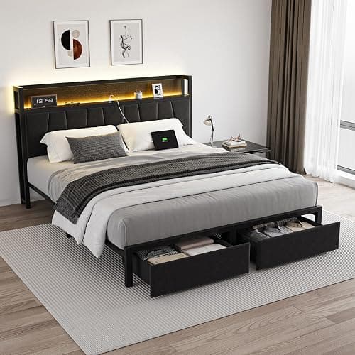 CIKUNASI Queen Size Bed Frame with Headboard and Storage Drawers Platform Bed Frame with Storage Chargin Station LED Light Bedframe Heavy Duty No Box Spring Needed thumbnail 7