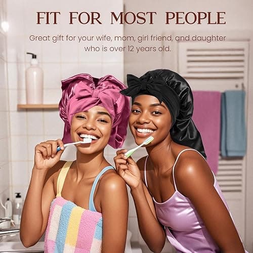 2 Pcs Long Satin Bonnet, Braid Cap for Women, Silk Bonnet for Braids Curly Hair with Tie Band(Black&Rose Red) thumbnail 7