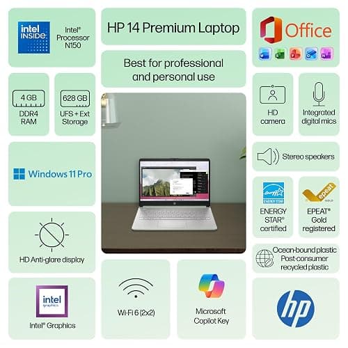 HP Flagship 14" Laptop Computer for 2026 Business Student with Office Suite, Copilot AI, Intel Quad-Core CPU, 4GB RAM, 628GB Storage (128GB UFS+500GB Ext), Wi-Fi 6, HubxcelAccs, Win 11 Pro, Green thumbnail 3