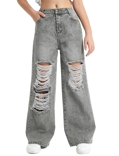 EXARUS Girls Jeans Wide Leg Pants Baggy Denim Ripped High Waisted with Pockets Teen Casual 6-14Y - Image 1
