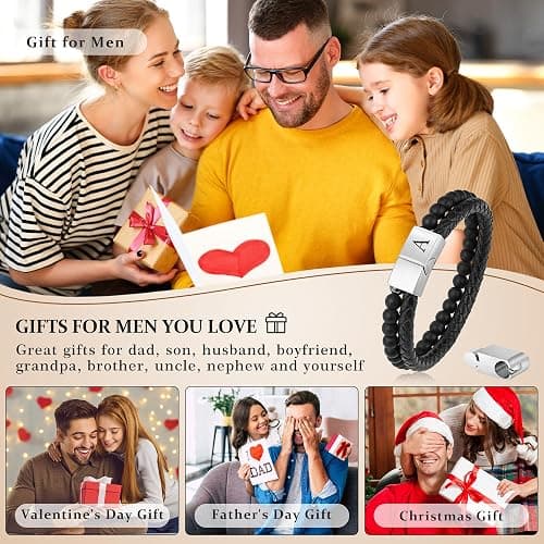 LUXEJEW Gifts for Men - Mens Bracelet, Beaded Leather Initial Bracelet 6mm Matte Agate Stone Handmade Bracelets Adjustable Stainless Steel Magnetic Clasp Mens Jewelry Gifts thumbnail 3