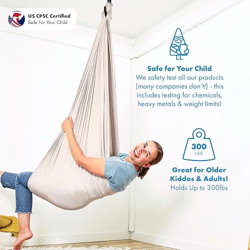 Harkla Sensory Swing for Kids & Adults - Holds 300lbs, Indoor Outdoor Sensory Swing for Hug Like Calming Effect - Double Layered Soft Fabric and Heavy Duty Hardware (Grey, 110" Swing) thumbnail 2