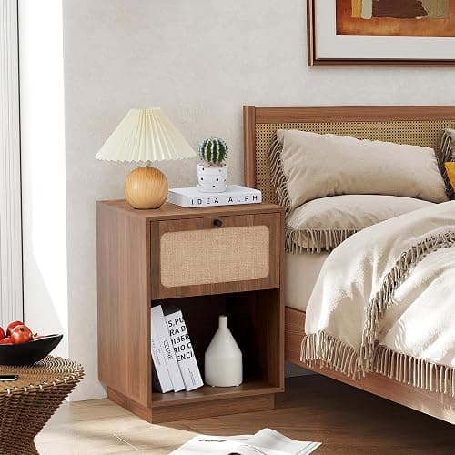 SUJOUCRAFT 16" Nightstands Set of 2, Mid-Century Vintage Wooden Night Stand with Drawer and Open Shelf, Linen Decor Farmhouse Side Table End Tbale for Bedroom, Dorm, Living Room (Walnut) thumbnail 9