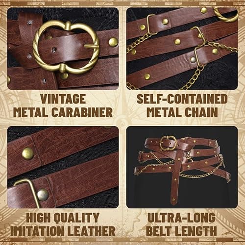 TobWeaL Medieval DIY Pirate Belt, Metal Chain Adjustable Leather, Retro Renaissance Belts for Women Dresses thumbnail 5