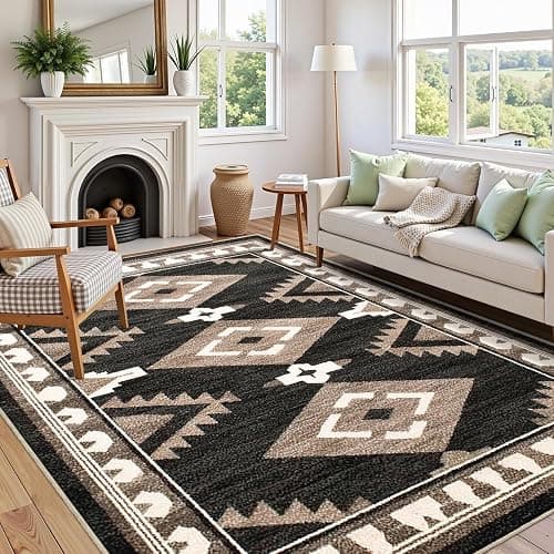 Tijuboni Western Rugs for Living Room Non Slip, Southwestern Area Rugs for Dining Room Kitchen Bedroom Nursery, Washable Rubber Backing, 4x6 Aztec Black-White-Brown thumbnail 3