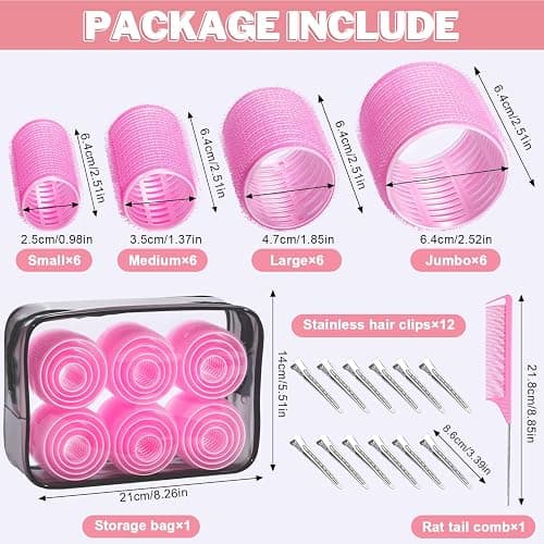 IKOCO Hair Rollers Set, 4 Sizes with 12 Clips and Comb - Self Grip Curlers for Long/Short Hair, Thermal Safe Rollers for Salon-Worthy Styling Pink thumbnail 2