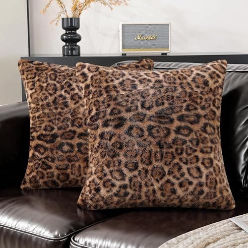 SYSLOON Faux Fur Cheetah Print Pillow Covers 20x20 Inch Set of 2, Leopard Print Decorative Pillow Covers Home Decor for Living Room Sofa & Bed, Beige Brown Leopard - Image 1