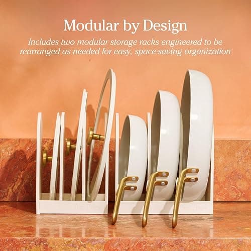 Our Place 8-Piece Essentials Complete Cookware Set - Ceramic Fry Pan Trio & Modular Rack Storage | Nontoxic Thermakind™ Nonstick, Oven Safe up to 450°F & Compatible with All Cooktops | Cream thumbnail 6