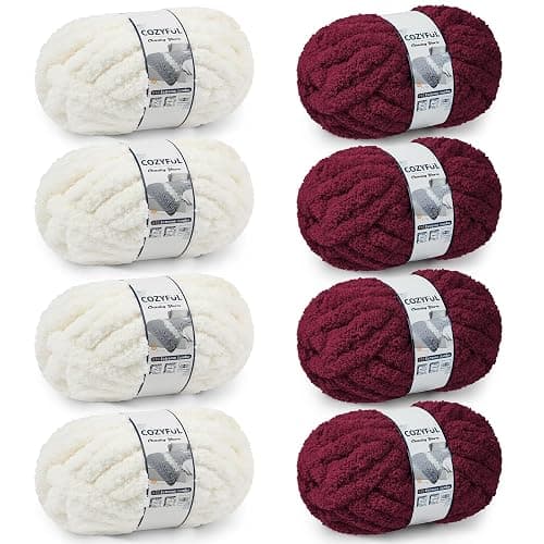 Cozyful Chunky Yarn for Hand Knitting - #10 Chunky Chenille Yarn, Jumbo Big Thick Chunky Yarns for Crocheting, Super Bulky Chunky Knit Blanket Yarns, 8 Skein (22yd, 8oz/Skein), Cream & Wine - Image 1