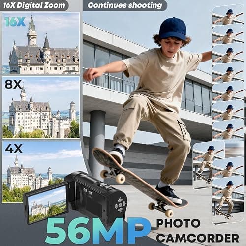 Gcasio 2.7K Video Camera Camcorder QHD 56MP YouTube Vlogging Camera Webcam 16X Digital Zoom with 32G SD Card 270 Degree Rotation Screen Camcorders and 2 Batteries Recording While Charging thumbnail 3