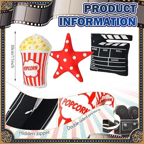 Tingjoo 3 Pcs Movie Night Throw Pillows 11 Inch Popcorn Star,Movie Night | Clapperboard Red Star Design for Couch Sofa, Movie Party Decorations, Film Lover Birthday Gift, Home Theater Accent Cushions thumbnail 2