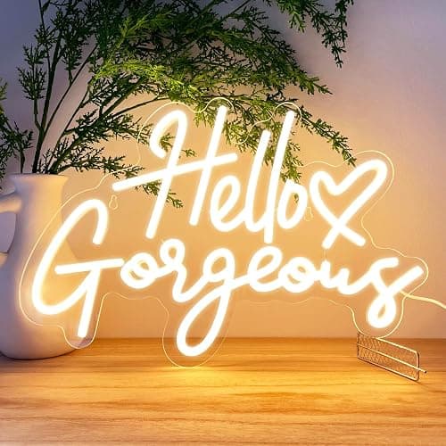 KUUNEON Hello Gorgeous Neon Signs for Wall Decor with Heart, Warm White Gorgeous LED Sign Lights for Bedroom Dorm Salon Wedding Party, 16"x12" Preppy Cute Room Decor Woman Cave - 100,000H Lifespan - Image 1