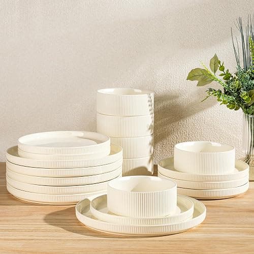 TheTerra Ceramic Dinnerware Sets for 6, 18 Pieces Porcelain Lightweight Plates and Bowls Sets, Scratch Resistant Dish Set, Oven & Microwave & Dishwasher Safe, Beige - Beige - Service for 6 - Image 1