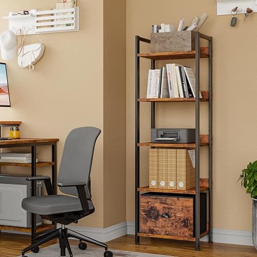 Furologee 5 Tier Bookshelf with Drawer, Tall Narrow Bookcase with Shelves, Wood and Metal Bookshelves Storage Organizer, Industrial Display Standing Shelf Unit for Bedroom, Living Room, Rustic Brown thumbnail 2