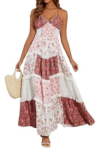 Women Floral Maxi Dress Spaghetti Straps V Neck Lace Patchwork Flowy Tiered Boho Beach Sundress Long Dresses thumbnail 8