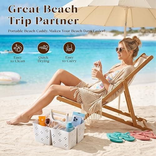 GVY Plastic Shower Caddy Portable, Large Capacity Shower Basket with Handle, Divided Bathroom Toiletry Organizer, Quick-Drain Shower Caddy for College Dorm Beach Kitchen Essentials, White. thumbnail 6