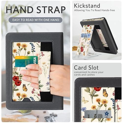 CoBak Case with Stand for Kindle Paperwhite 12th Gen 2024 Released (7") & Kindle Colorsoft Signature Edition - Durable PU Leather Cover with Auto Sleep Wake, Card Slot, Hand Strap Feature, Floralia thumbnail 4