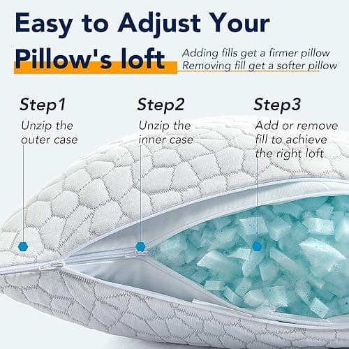 QUTOOL Cooling Pillow for Sleeping, CertiPUR-US Shredded Memory Foam Queen Pillows Set of 2, Cool Pillow for Hot Sleepers Adjustable Firm Pillow for Side, Back, Stomach Sleepers Soft Yet Support,White thumbnail 10