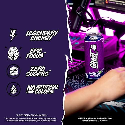 GHOST Energy Drink - 12-Pack, Welch's Grape, 16oz Cans - Energy & Focus & No Artificial Colors - 200mg of Natural Caffeine, L-Carnitine & Taurine - Gluten-Free & Vegan thumbnail 4