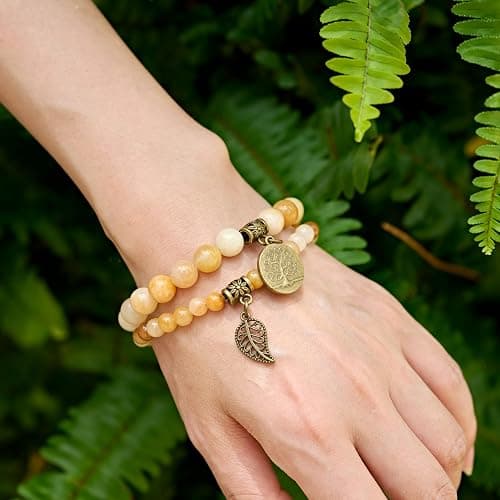 Bivei Natural Semi Precious Gemstone beads bracelet for women - Life Tree and Leaf Charm Energy Reiki Crystal Stretch Bracelets thumbnail 2