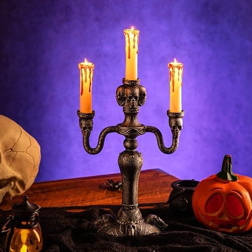 JOYIN 2 Pcs Skull Candelabra Halloween Decorations Indoor LED Lights Flameless Candles Holder, Scary Haunted House Mansion Decor for Table Home Party thumbnail 5