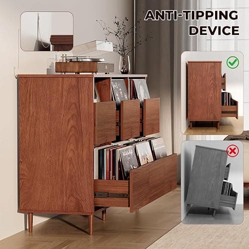 BROTTAR 47.2" Large Record Player Stand, Vinyl Record Storage Cabinet,Brown | Fit 7“/10"/12" Vinyl Record, Mid Century Turntable Stand, Media Cabinet with 6 DVD Drawers for Living Room, Music Corner thumbnail 6