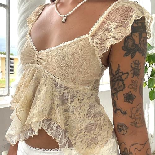 Women Lace Tank Top Cap Sleeve Vintage Floral Sheer Blouse thumbnail 2