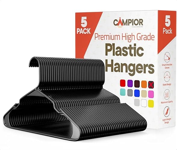 Black Plastic Hangers 5 Pack– Heavy-Duty Plastic Hangers Slim and Space-Saving, Durable and Lightweight PP with Non-Slip Shoulder Notches for Slip Dresses, Suits, Jackets & Camisoles - Image 1