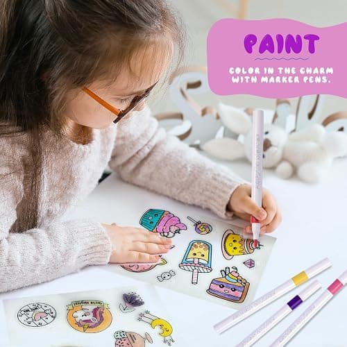 89PC DIY Unicorn Shrink Plastic Art Kit - 46 Pre-Cut Shapes, 12 Markers & Accessories - Make Charms, Keychains & Tags - No-Mess Craft for Kids - Birthday Gift with Shrinky Plastic Sheets thumbnail 5