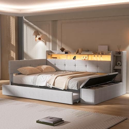 Upholstered Corner Day Bed Frame with Trundle, Footstool and Drawers, Beige | Modern floor upholstery daybed with l shape button tufted headboard, bookshelf, charging station and LED light thumbnail 5