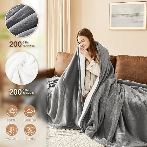 ⭐️Homemate Electric Heated Blanket Twin - 62"x84" Heating Bed Blankets Throw with 10 Heating Levels 8 Hours Auto Off Fast Heating Over-Heated Protection Ultra Soft Warm Flannel ETL Certified Grey thumbnail 3