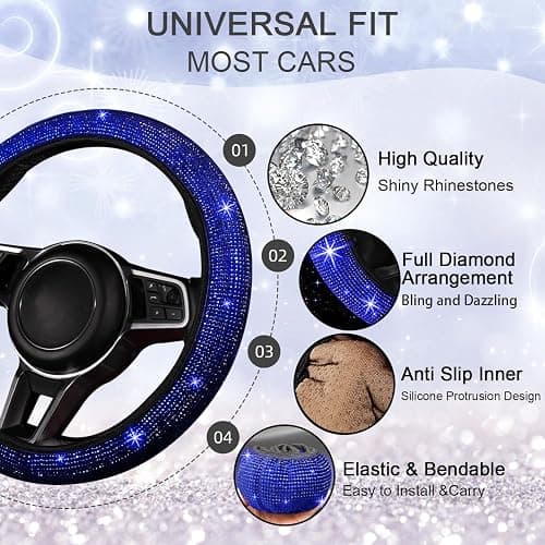 NBTEPEM 8 pcs Blue Bling Car Accessories Set for Women, Steering Wheel Cover, Sparkly Seat Belt Covers, Bling Gear Shift Cover, Universal Fit Most Cars (Blue Diamond) thumbnail 2
