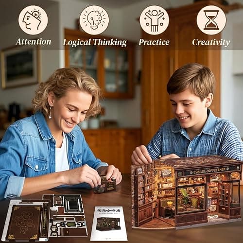 CUTEBEE Book Nook Kit - DIY Miniature House Coffee Shop Dollhouse Kit for Adults and Teens, Booknook Tiny House Bookshelf Decor 3D Wooden Puzzle, Gifts for Family, Friends (Corner Coffee Shop) thumbnail 7