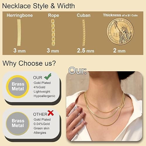 Freekiss Women's Layered Necklace Set - 3 Piece Dainty Gold Jewelry for Everyday Stacking | 14K Gold Plated Snake Chain, Rope Chain, Cuban Chain | Adjustable Length 14-18.5 Inch | Gift Ready thumbnail 5