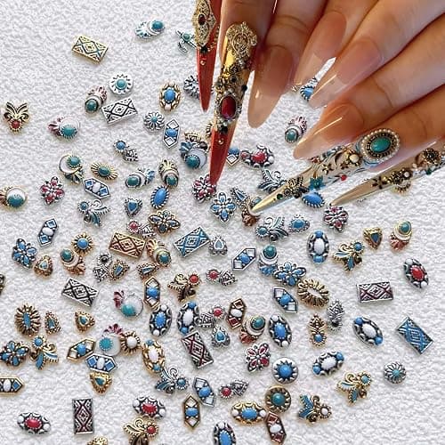 ONPRESS 50Pcs Colorful Rock Nail Charms Retro Metal Bohemia Nail Art Charms Retro Alloy Turquoise Totem Nail Diamonds 3D Western Blue White Pink Marble Gems Jewel Accessories for Manicure Art DIY - Image 1