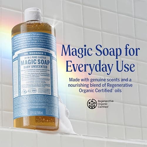 Dr. Bronner's Magic Soap-Pure-Castile Liquid Soap (Baby Unscented, 32 ounce, 2-Pack)-Regenerative Organic Certified Oils, 18-in-1 Uses: Body, Laundry & Dishes, For Sensitive Skin, No Fragrance thumbnail 2