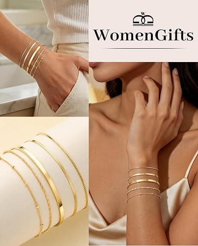 Dainty Gold Bracelet for Women Trendy Non Tarnish, Thin Bracelets Stackable Set with Bangle Cuff, Box, Herringbone, Paperclip, Figaro, Sparkling Link Chains Waterproof, Simple Jewelry Gifts for Women thumbnail 9