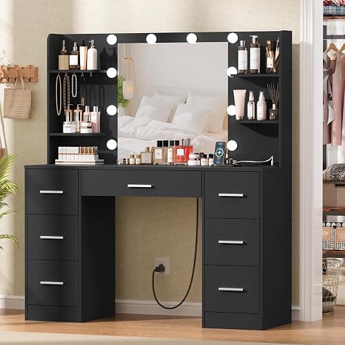 Quimoo Large Vanity Desk with LED Lighted Mirror & Power Outlet,Makeup Vanity Table with 7 Drawers,4 Shelves and 5 Hooks,Vanity Table, Vanity Desk Set for Bedroom,Bathroom，Black thumbnail 3