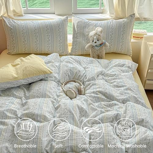 BOLINLIVING Vintage Floral Duvet Cover Twin Size,Kids Girls Blue Striped Flower Duvet Cover Set with Pillowcase, Soft Microfiber Bedding Set for All Season with Zipper Closure and 8 Corner Ties thumbnail 3