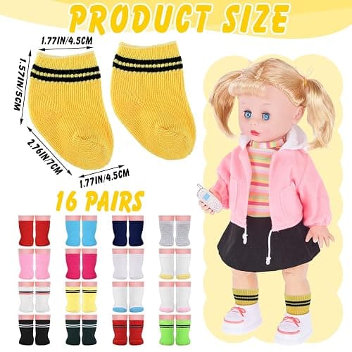 Honoson 16 Pairs Doll Socks for American 18 Inch Doll Socks Accessories Gifts for Holiday Birthday, Multicolor thumbnail 3