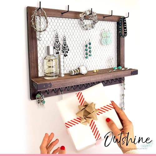 OUTSHINE Large Farmhouse Wall Jewelry Organizer (Espresso) | Wall Organizer For Earrings, Necklace, Bracelet, Hair Accessories | Chicken Wire Earring Holder | For Women, Wife, Mom, Girlfriend thumbnail 6