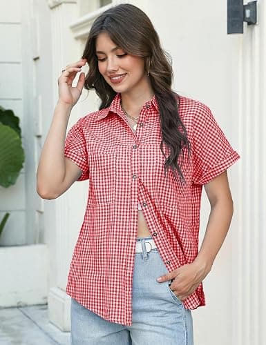 Button Down Shirt for Women Short Sleeve Blouses Dressy Casual Business Work Summer Vacation Tops Hawaii Shirts with Pockets thumbnail 2