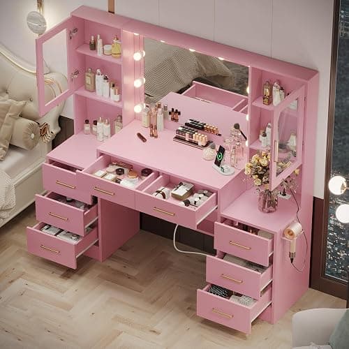 58.3" Makeup Vanity Desk with Charging Station, Pink Makeup Dressing Table with Mirror & Lights, 3 Lighting Modes Adjustable Brightness, Vanity Table with Power Outlet & 8 Drawers without Stool thumbnail 3