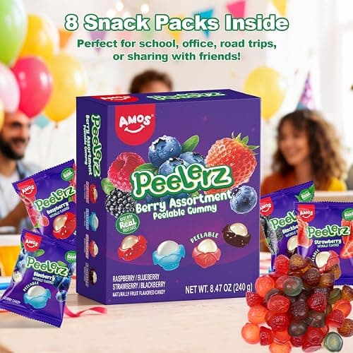 AMOS Peelerz Berry Assortment Gummy Candy 240g | Peelable Fruit-Shaped Gummies Made with Real Fruit Juice | Fun Peeling Snack for Kids & Adults | Peelerz Assorted Gummy Berry Mix (8.47 oz Box) thumbnail 6