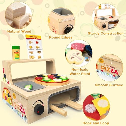 WOODMAM Wooden Pizza Toy - 48 PCS Montessori Pretend Play Food for Ages 3+, Educational Learning Toy Wooden Playset with Bake Oven, Christmas Birthday Gift for 3 4 5 6 Year Old thumbnail 5